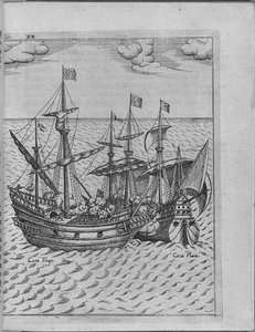 Schlacht zwischen Francis Drakes Schiff Golden Hind und dem spanischen Schiff Cacafuego. Von Levinus Hulsius von Unbekannt