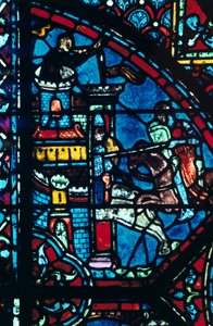 Kampf um eine Stadt, Buntglas, Kathedrale von Chartres, Frankreich, ca. 1225