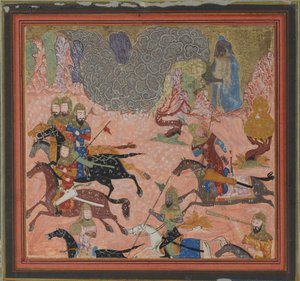Bazur, der Magier, beschwört Dunkelheit und einen Sturm herauf, Folio aus einem Shahnama..., ca. 1430-40 von Unbekannt