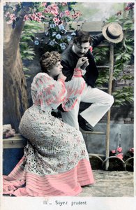 Sei vorsichtig, französische Vintage-Postkarte, ca. 1900