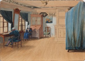 Schlafzimmerinterieur. Graf Yegor Frantsevich Kankrin 1774-1845 an seinem Schreibtisch, 1820er Jahre von Unbekannt