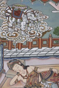 Vor der Geburt Siddhartha Gautamas träumte seine Mutter von einem weißen Elefanten, der ihr eine Lotusblume überreichte, Seoul, Südkorea von Unbekannt