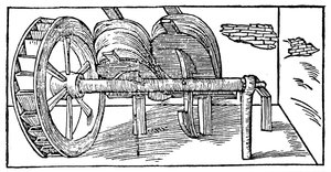 Blasebalg, betrieben von einer Nockenwelle, angetrieben durch ein Wasserrad, 1540