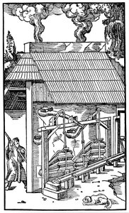 Blasebälge, die Zugluft zu einem Schmelzofen liefern, 1556