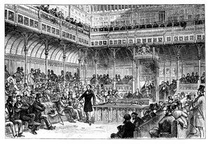 Benjamin Disraeli stellt seinen Reformgesetzentwurf im House of Commons vor, ca. 1867