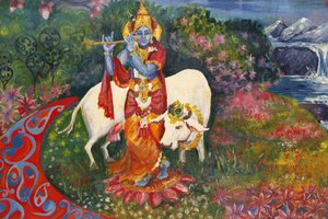 Bhaktivedanta Manor: Gemälde, das Krishna und eine Kuh darstellt, Watford, Großbritannien von Unbekannt