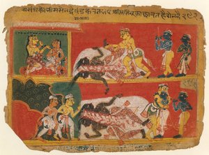 Bhima tötet Jarasandha: Seite aus einem Bhagavata Purana Manuskript, ca. 1540