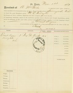 Frachtbrief, Dampfschiff M[ary] E. Forsyth, Sunnyside, Arkansas, 1. November 1864