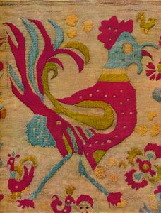 Vogelmotiv Hahn von einer bestickten Valance der Ionischen Inseln, ca. 1640