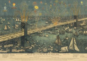 Vogelperspektive der großen New Yorker und Brooklyn Brücke und großes Feuerwerk, 1883 von Unbekannt