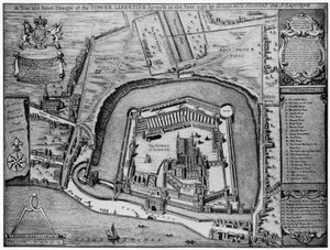 Vogelperspektive des Turms und der Freiheiten, wie sie 1597 in London erschienen