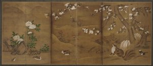 Vögel, Blumen der Jahreszeiten und Zibetkatzen, Muromachi- oder Momoyama-Periode, 16. Jahrhundert von Unbekannt