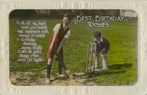Geburtstagskarte mit zwei Jungen, die Cricket spielen von Unbekannt