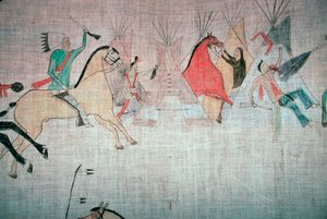 Blackfoot-Indianer-Tipi-Auskleidung, die einen Angriff auf ein Lager zeigt