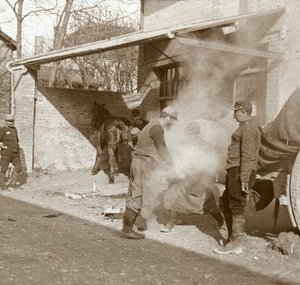 Schmied beim Beschlagen eines Pferdes, Suippes, Nordfrankreich, ca. 1914-ca. 1918