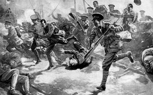 Britische Infanterie im Kampf mit deutschen Truppen, Erster Weltkrieg, 1914