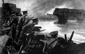 Britische Truppen am Flussufer, bereit für den deutschen Vormarsch, Belgien, Erster Weltkrieg, 1914 von Unbekannt