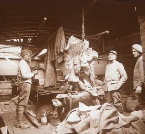 Metzger auf einem Lastkahn, Somme, Nordfrankreich, ca. 1914-1918
