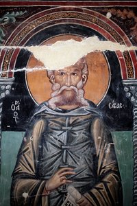 Byzantinisches Fresko aus dem 15. Jahrhundert (Detail) Heiliger Sabas Wandmalerei Michael Erzengel Kapelle, Dorf Galata Zypern Bemalte Kirchen UNESCO-Stätte Troodos, Zypern von Unbekannt