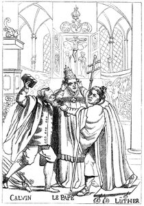 Calvin, Luther und der Papst kämpfen gegeneinander, veröffentlicht 1600 von Unbekannt