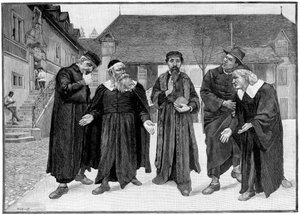 Calvin und die vier Syndics im Hof des Colleges von Genf von Unbekannt