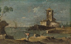 Capriccio mit einem quadratischen Turm und zwei Häusern, 18. Jahrhundert