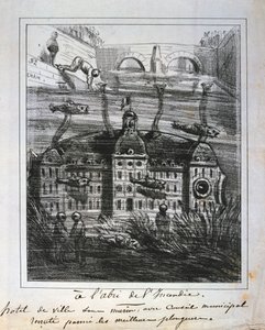 Karikaturvorschlag, das Hôtel de Ville unter Wasser wieder aufzubauen, um Feuer zu verhindern, Pariser Kommune, 1871
