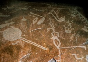 Gravierte Petroglyphen Menschen, Hirsche, Elche, Vögel, Stiefel und Kreise, 4.-3. Jahrtausend v. Chr. von Unbekannt