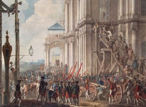 Katharina II. auf dem Balkon des Winterpalastes, begrüßt von den Wachen am Tag der Palastrevolution am 28. Juni 1762, spätes 18. Jahrhundert von Unbekannt