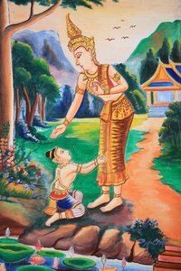 Deckenmalerei, die das Leben Buddhas darstellt. Wat Si Sou Mang Karam Tempel. Vieng Vang. Laos, 20151102, Vieng Vang, Laos von Unbekannt