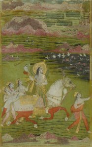 Chand Bibi beim Jagen mit Begleitern in einer Landschaft, ca. 1700