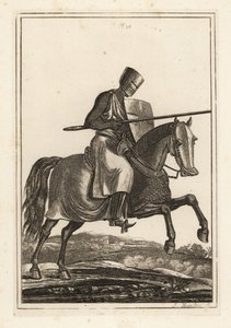 Angreifender Ritter des 12. und 13. Jahrhunderts in Kettenhemd, flachem Helm, Lanze, Heaterschild, Schienbeinrüstung, Kriegssattel