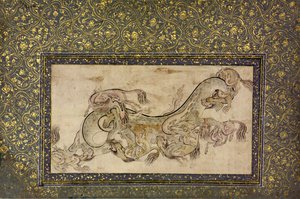 Chilins chinesische chimärische Kreaturen kämpfen mit einem Drachen, 16. Jahrhundert von Unbekannt