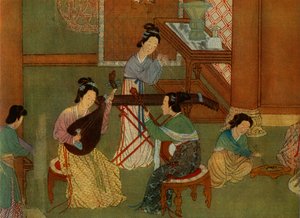 Chinesische Laute pi-pa, Mondgitarre yue-chin und Tischzither tchin, (Detail) von Unbekannt
