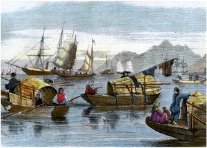 Chinesische Sampans im Hafen von Hongkong, um 1875
