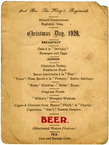 Weihnachtsmenü, 2. Bataillon des Königsregiments, Irak, 1926