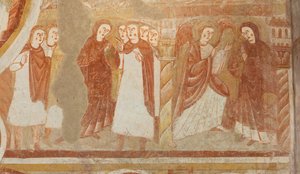 Kirche (Église Saint-Martin). Innenraum. Wandmalereien (Fresko). Westwand des Kirchenschiffs. Detail. Anklage und Verkündigung der Jungfrau. 12. Jahrhundert von Unbekannt