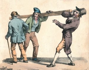 Ungeschickter Mann trägt ein Stück Holz, 19. Jahrhundert