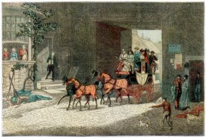 Kutsche kommt im Hof eines Gasthauses an, 1890