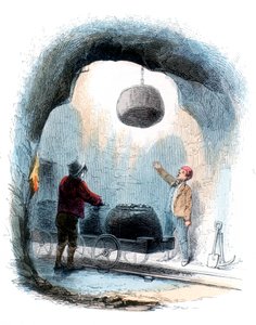 Kohlebergbau: Körbe mit Kohle an die Oberfläche eines Bergwerks schicken, 1852