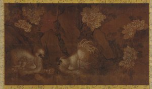 Hahn, Henne und Küken in der Nähe von Pfingstrosensträuchern, Qing-Dynastie, 18. Jahrhundert