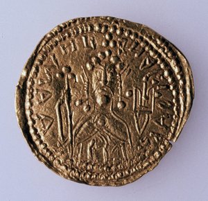 Münze Zlatnik von Großfürst Wladimir Swjatoslawitsch Avers: Porträt des Herrschers, 980-1015