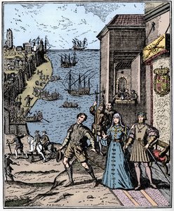 Kolumbus mit Ferdinand und Isabella, 3. August 1492