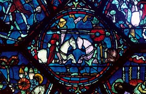 Kampf zwischen Roland und König Marsile, Buntglas, Kathedrale von Chartres, Frankreich, 1194-1260