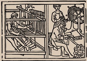 Kämmen, Spinnen und Weben von Wolle. Aus Speculum Vitae Humanae von Rodericus Zamorensis, 1479