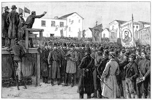 Polizei bewacht einen Regierungsreporter bei einem Plan-of-Campaign-Treffen, Irland, 1887