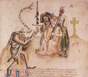 Krönung von König Alexander III. auf dem Moot Hill, Scone. Aus dem Manuskript des Scotichronicon von Walter Bower von Unbekannt