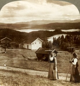 Landmädchen in der Heuernte - über Bolkesjo und Folsjo Seen zu den Himingen Bergen, Norwegen, ca. 1905 von Unbekannt