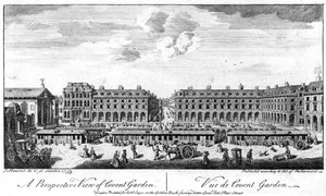 Covent Garden, London, mit Ständen im Zentrum des Platzes, 1753 von Unbekannt