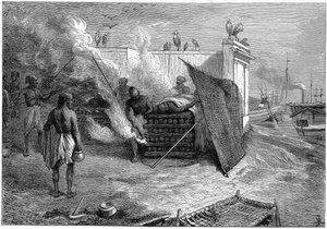 Einäscherung der Toten auf Scheiterhaufen, Kalkutta, Indien, 1879